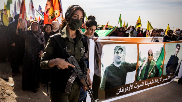 Syrian Kurds protesting Turkish drone strikes. 