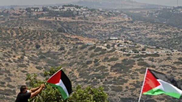 Palestinian demonstrators wave flags during a protest