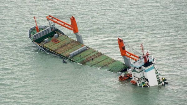 A 2015 picture showing the Dutch cargo vessel 'Flinterstar' sinking