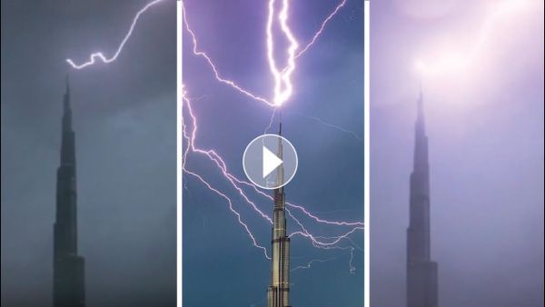 صاعقة رعدية تضرب قمة برج خليفة في دبي
