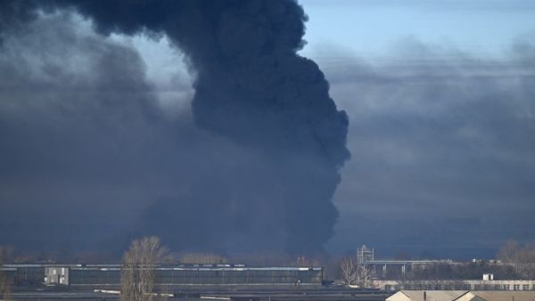 Black smoke rises from a military airport in Chuguyev