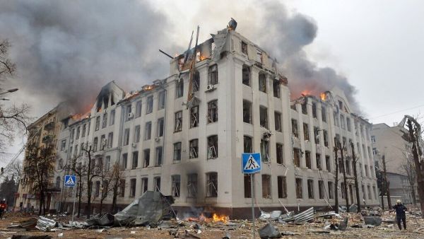 Firefighters work to contain a fire at the Economy Department building of Karazin Kharkiv National University.
