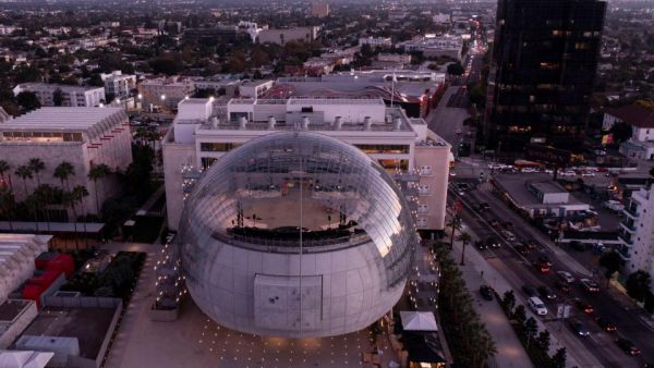An aerial view shows the new Academy Museum of Motion Pictures