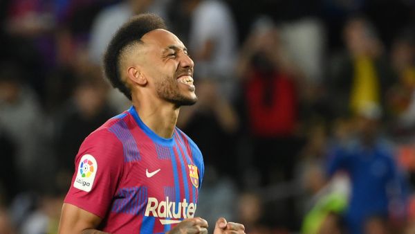 Barcelona's Gabonese midfielder Pierre-Emerick Aubameyang celebrates after scoring a goal during the Spanish league football match between FC Barcelona and RC Celta de Vigo at the Camp Nou stadium in Barcelona on May 10, 2022. (Photo by LLUIS GENE / AFP)