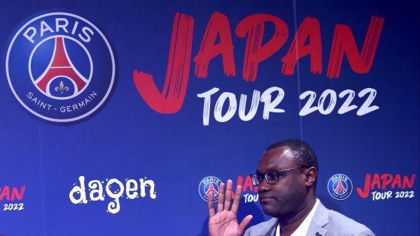Patrick M’Boma, a former player of the Cameroon national football team and France’s Paris Saint Germain, attends a press event in Tokyo on May 26, 2022, to announce the PSG 2022 Japan tour. (Photo by Behrouz MEHRI / AFP)