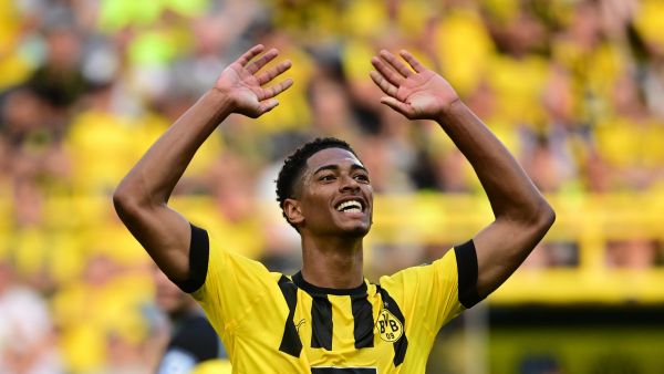 Dortmund's English midfielder Jude Bellingham reacts after a missed chance during the German first division Bundesliga football match between BVB Borussia Dortmund and Bayer 04 Leverkusen in Dortmund, western Germany on August 6, 2022. (Photo by INA FASSBENDER / AFP)