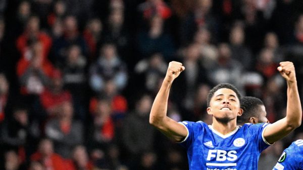 Leicester City’s French defender Wesley Fofana celebrates after scoring a goal during the UEFA Europa Conference League round of 16 second leg football match between Rennes and Leicester City at the Roazhon Park stadium in Rennes, on March 17, 2022. (Photo by DAMIEN MEYER / AFP)