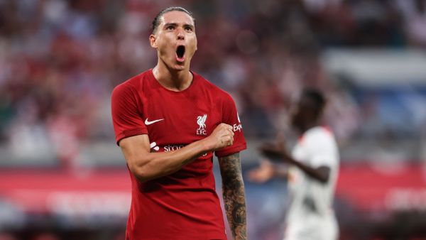 Liverpool's Uruguayan forward Darwin Nunez celebrates scoring his team's fifth goal during the friendly football match between German first division Bundesliga club RB Leipzig and Liverpool FC in Leipzig, eastern Germany, on July 21, 2022. (Photo by Ronny HARTMANN / AFP)