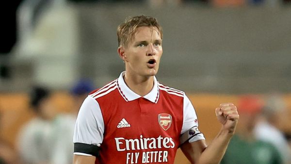 Martin Ødegaard #8 of Arsenal reacts during the Florida Cup match against Chelsea at Camping World Stadium on July 23, 2022 in Orlando, Florida. Sam Greenwood/Getty Images/AFP (Photo by SAM GREENWOOD / GETTY IMAGES NORTH AMERICA / Getty Images via AFP)