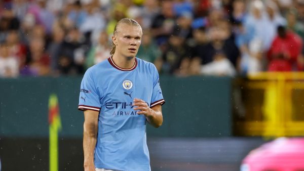 Manchester City's Norwegian striker Erling Haaland looks on during the international friendly match between Manchester City and FC Bayern Munich at at Lambeau Field in Green Bay, Wisconsin, on July 23, 2022. (Photo by Kamil KRZACZYNSKI / AFP)
