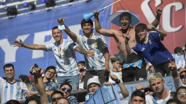 Fans of Argentina wait on the stands before the South American qualification football match for the FIFA World Cup Qatar 2022 between Argentina and Brazil at the San Juan del Bicentenario stadium in San Juan, Argentina, on November 16, 2021. (Photo by Juan Mabromata / AFP)