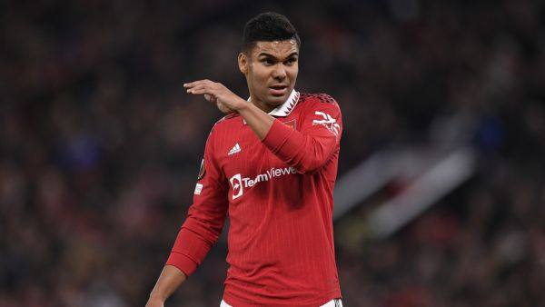 Manchester United's Brazilian midfielder Casemiro gestures during the UEFA Europa League Group E football match between Manchester United and Omonoia Nicosia, at Old Trafford stadium, in Manchester, north-west England, on October 13, 2022. (Photo by Oli SCARFF / AFP)