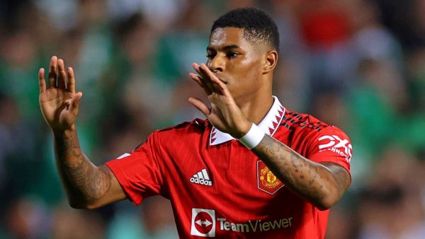 Manchester United's English striker Marcus Rashford celebrates with a teammate after a goal during the UEFA Europa League group E football match between Cyprus' Omonia Nicosia and England's Manchester United at GSP stadium in the capital Nicosia on October 6, 2022. (Photo by AFP)