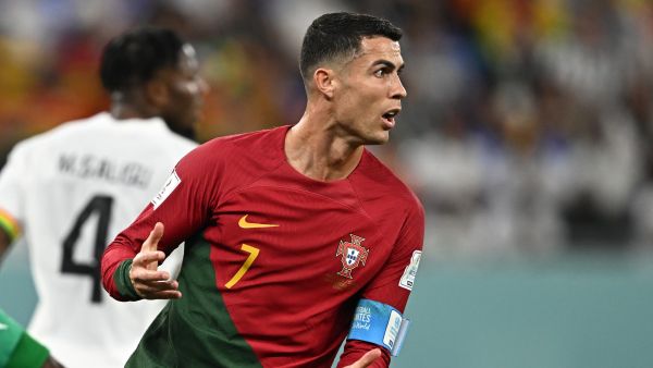 Portugal's forward #07 Cristiano Ronaldo reacts during the Qatar 2022 World Cup Group H football match between Portugal and Ghana at Stadium 974 in Doha on November 24, 2022. (Photo by MANAN VATSYAYANA / AFP)