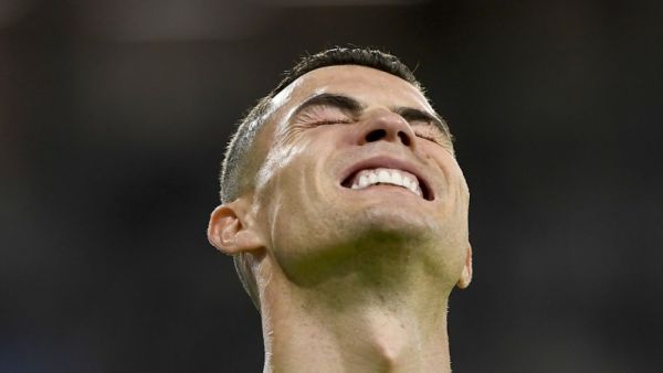 Manchester United's Portuguese striker Cristiano Ronaldo reacts during the UEFA Europa League 1st round group E football match between Real Sociedad and Manchester United at the Anoeta stadium in San Sebastian, on November 3, 2022. (Photo by ANDER GILLENEA / AFP)