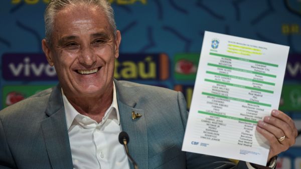Brazil's coach Tite shows the list of players for the upcoming Qatar 2022 World Cup football tournament, at the Brazilian Football Confederation (CBF) headquarters in Rio de Janeiro, Brazil, on November 7, 2022. (Photo by Carl DE SOUZA / AFP)