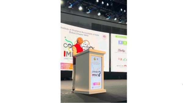 Mr. Bharat Goenka, Vicechairperson, Tally Solutions speaking at the ICAI Dubai chapter. Tally Solutions Delivers a Powerful Address at Icai-dubai Chapter’s 40th Annual Event
