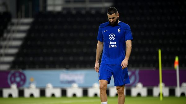 France's forward Karim Benzema looks down during a training session at the Jassim-bin-Hamad Stadium in Doha on November 17, 2022, ahead of the Qatar 2022 World Cup football tournament. (Photo by FRANCK FIFE / AFP)