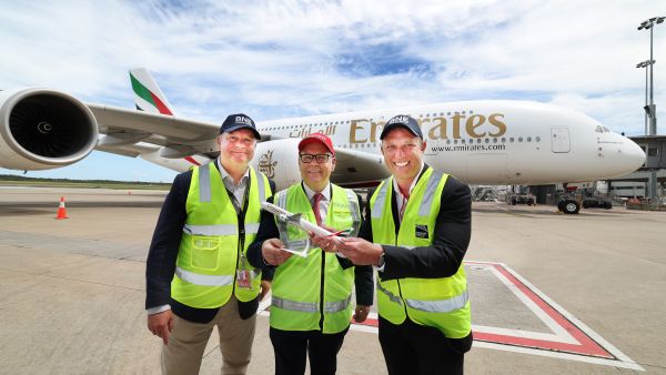 Gert-Jan de Graaff, CEO of Brisbane Airport Corporation; Dean Cleaver, Regional Sales Manager, Emirates and Acting Premier of Queensland, Steven Miles shortly after the announcement of Emirates’ second daily service to Brisbane, starting 1 June. Emirates doubles services to Brisbane