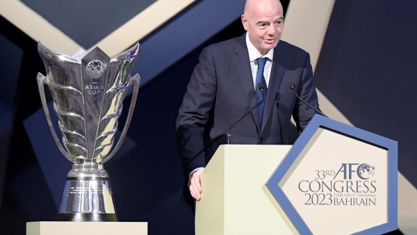 FIFA President Gianni Infantino delivers a speech during the 33rd Asian Football Confederation (AFC) Congress at the Gulf Convention Centre in Manama on February 1, 2023. (Photo by Mazen Mahdi / AFP)