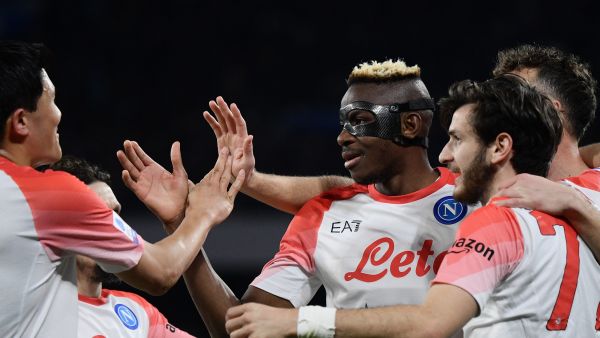 Napoli's Nigerian forward Victor Osimhen celebrates after scoring his side's second goal during the Italian Serie A football match between Napoli and Cremonese on February 12, 2023 at the Diego-Maradona stadium in Naples. (Photo by Filippo MONTEFORTE / AFP)