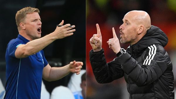 Newcastle United's English head coach Eddie Howe (L) and Manchester United's Dutch manager Erik ten Hag (R). (Photo by Lindsey Parnaby and Oli SCARFF / AFP) 