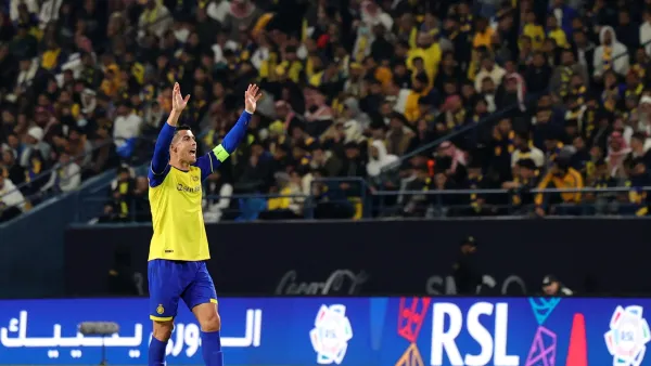 Nassr's Portuguese forward Cristiano Ronaldo gestures during the Saudi Pro League football match between Al-Nassr and Al-Ettifaq at the King Fahd Stadium in the Saudi capital Riyadh on January 22, 2023. (Photo by Fayez Nureldine / AFP)