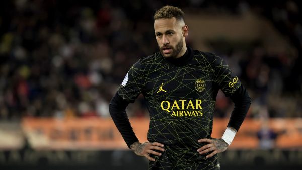 Paris Saint-Germain's Brazilian forward Neymar reacts during the French L1 football match between Monaco and Paris Saint-Germain (PSG) at the Louis II stadium in Monaco on February 11, 2023. (Photo by Valery HACHE / AFP)