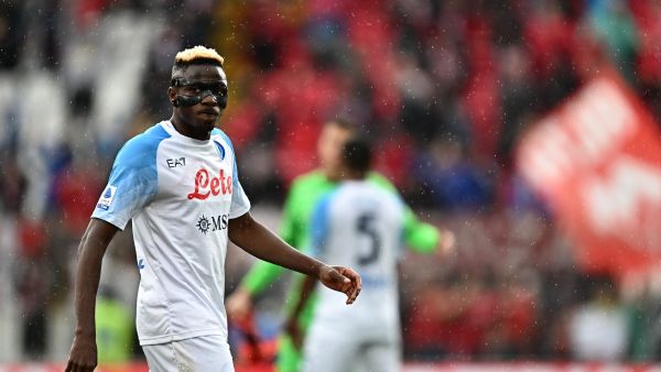 Napoli's Nigerian forward Victor Osimhen reacts at the end of the Italian Serie A football match between Monza and Napoli on May 14, 2023 at the Brianteo stadium in Monza. (Photo by GABRIEL BOUYS / AFP)