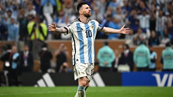 Argentina's forward #10 Lionel Messi celebrates scoring his penalty during the Qatar 2022 World Cup final football match between Argentina and France at Lusail Stadium in Lusail, north of Doha on December 18, 2022. (Photo by Anne-Christine POUJOULAT / AFP)