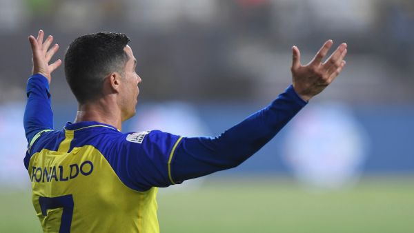 Nassr's Portuguese forward Cristiano Ronaldo reacts during the Saudi Pro League football match between Al-Nassr and Al-Raed at the al-Awwal Park Stadium in the Saudi capital Riyadh on April 28, 2023. (Photo by AFP)