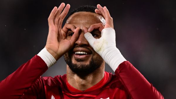 Sevilla's Moroccan forward Youssef En-Nesyri celebrates after opening the scoring during the UEFA Europa League semi-final first leg football match between Juventus and Sevilla on May 11, 2023 at the Juventus stadium in Turin. (Photo by Marco BERTORELLO / AFP)