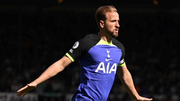 Tottenham Hotspur's English striker Harry Kane celebrates after scoring the opening goal during the English Premier League football match between Leeds United and Tottenham Hotspur at Elland Road in Leeds, northern England on May 28, 2023. (Photo by Oli SCARFF / AFP)