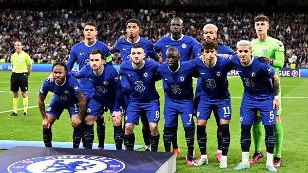 Chelsea's players pose for a photograph prior the UEFA Champions League quarter final first leg football match between Real Madrid CF and Chelsea FC at the Santiago Bernabeu stadium in Madrid on April 12, 2023. (Photo by JAVIER SORIANO / AFP)