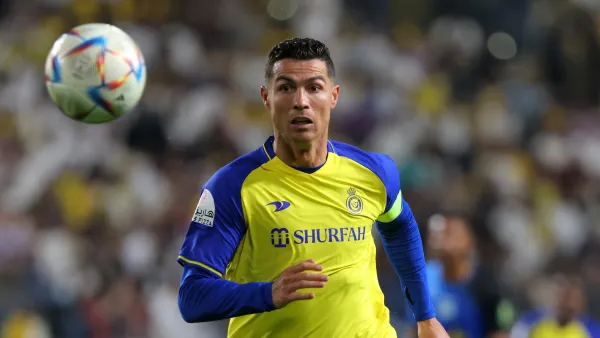 Nassr's Portuguese forward Cristiano Ronaldo looks on as he runs after ball during the King Cup quarter-final football match between al-Nassr and Abha at Mrsool Park Stadium in Riyadh on March 14, 2023. (Photo by Fayez NURELDINE / AFP)