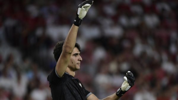 Sevilla's Moroccan goalkeeper #13 Yassine Bounou "Bono" gestures during the Spanish Liga football match between Sevilla FC and Valencia CF at the Ramon Sanchez Pizjuan stadium in Seville on August 11, 2023. (Photo by CRISTINA QUICLER / AFP)