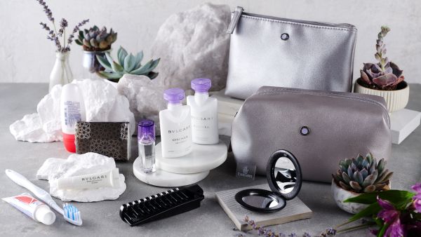 Emirates Business Class amenity kits 2023 - silver and lilac Emirates unveils its stylish Bulgari amenity kits for the Autumn/Winter season