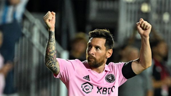 Inter Miami's Argentine forward Lionel Messi celebrates scoring his team's third goal during the round of 32 Leagues Cup football match between Inter Miami CF and Orlando City SC at DRV PNK Stadium in Fort Lauderdale, Florida, on August 2, 2023. (Photo by CHANDAN KHANNA / AFP)