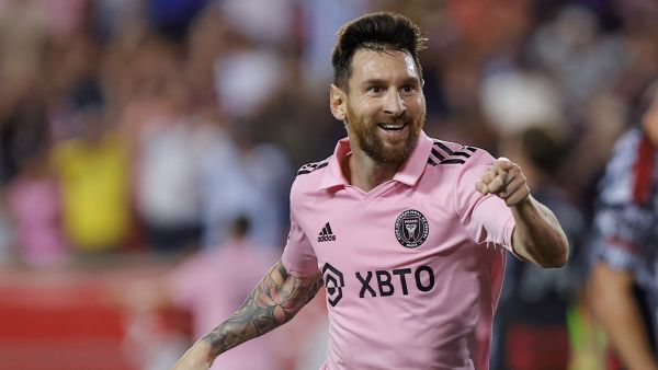 Inter Miami's Argentine forward #10 Lionel Messi reacts after scoring his team's second goal during the Major League Soccer 2023 match between Inter Miami and New York Red Bulls at the Red Bull arena in Harrison, New Jersey, August 26, 2023. (Photo by KENA BETANCUR / AFP)