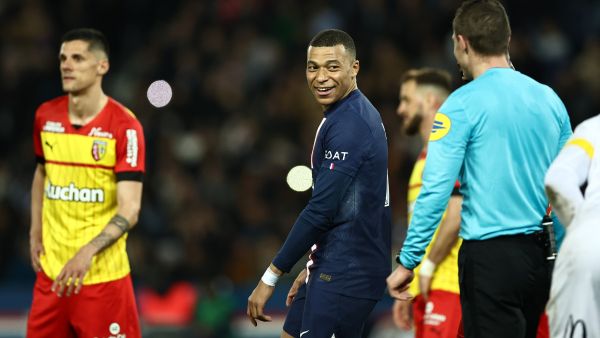 Paris Saint-Germain's French forward Kylian Mbappe looks on during the French L1 football match between Paris Saint-Germain (PSG) and Lens (RCL) at the Parc des Princes in Paris, on April 15, 2023. (Photo by Anne-Christine POUJOULAT / AFP)