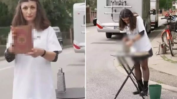  لحظة تمزيق الفنانة الدنماركية المصحف أمام السفارة الإيراني