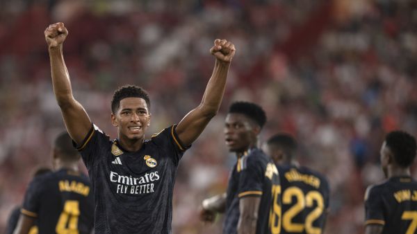 Real Madrid's English midfielder #05 Jude Bellingham celebrates scoring his second goal during the Spanish Liga football match between UD Almeria and Real Madrid CF at the Municipal Stadium of the Mediterranean Games in Almeria on August 19, 2023. (Photo by JORGE GUERRERO / AFP)