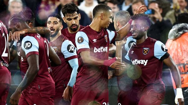 West Ham United's Ghanaian midfielder #14 Mohammed Kudus celebrates with teammates after scoring a second goal during the UEFA Europa League group A football match between West Ham United and Backa Topola at The London Stadium in east London on September 21, 2023. (Photo by HENRY NICHOLLS / AFP)