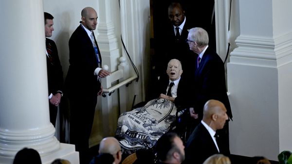 Former US President Jimmy Carter arrives for a tribute service for former US First Lady Rosalynn Carter, at Glenn Memorial Church in Atlanta, Georgia, on November 28, 2023. (ANDREW CABALLERO-REYNOLDS/ AFP) Former US President Jimmy Carter arrives for a tribute service for former US First Lady Rosalynn Carter, at Glenn Memorial Church in Atlanta, Georgia, on November 28, 2023. (ANDREW CABALLERO-REYNOLDS/ AFP)