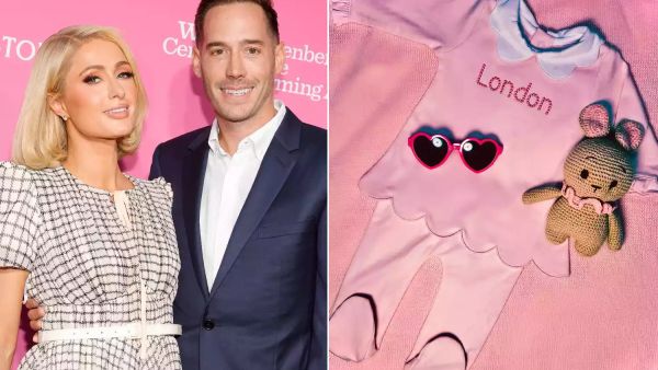 Paris Hilton is "thankful' for her "baby girl," sharing a photo of a pink outfit with the name "London" on it. (Amy Sussman; Paris Hilton's Instagram)