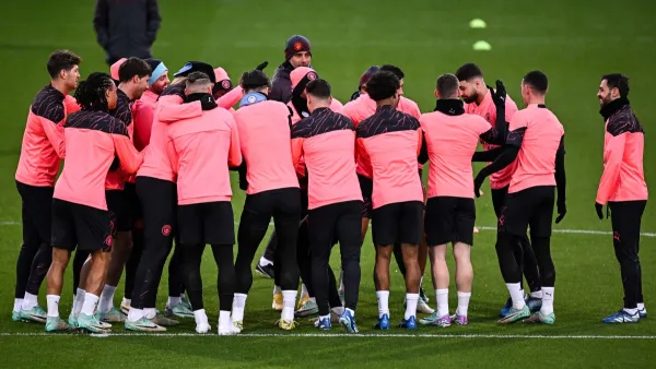 Manchester City players attend a training session at Manchester City's training ground in north-west England on November 27, 2023, ahead of their UEFA Champions League Group G football match against RB Leipzig. (Photo by Paul ELLIS / AFP)