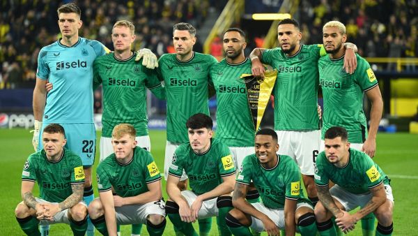Newcastle players pose for the team photo prior to the UEFA Champions League Group F football match between BVB Borussia Dortmund and Newcastle United FC in Dortmund, western Germany on November 7, 2023. (Photo by INA FASSBENDER / AFP)