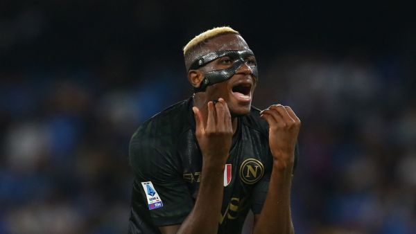 Napoli's Nigerian striker Victor Osimhen reacts during the Italian Serie A football match SSC Napoli vs SS Lazio at the Diego Armando Maradona Stadium in Naples, on September 2, 2023. (Photo by CARLO HERMANN / AFP)