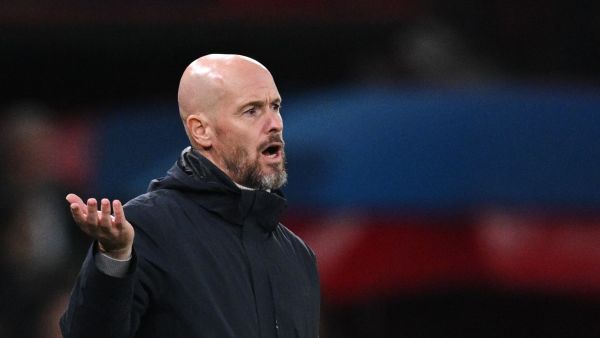 Manchester United's Dutch manager Erik ten Hag reacts during the UEFA Champions League Group A football match between Manchester United and FC Copenhagen at Old Trafford, in Manchester, north-west England, on October 24, 2023. (Photo by Paul ELLIS / AFP)