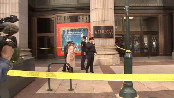 The scene outside the Macy's store at 13th and Market streets in Center City Philadelphia after one security guard was killed and another was wounded in a stabbing. (ABC/ Twitter)